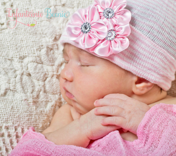 Pink Elegance Rhinestone Flower Newborn Boutique Hospital Hat