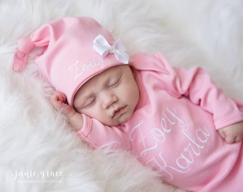 Newborn Girl Pink and White Coming Home Gown Outfit with Matching Hat
