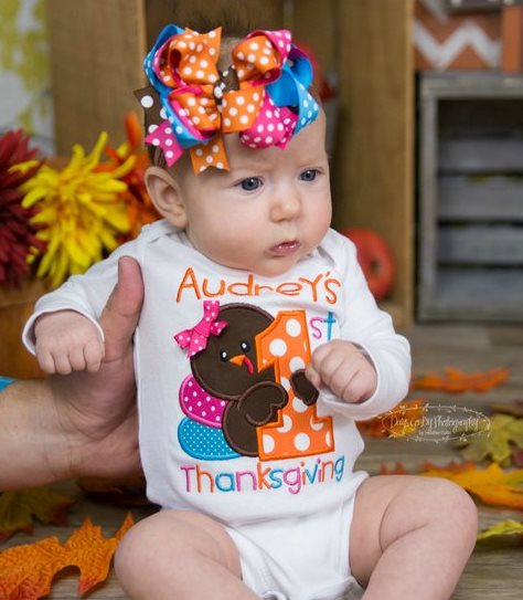 Personalized Baby's First Thanksgiving Onesie Outfit with Matching Bow Headband