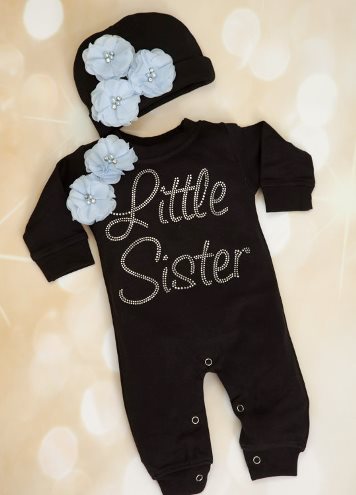 Black Floral Rhinestone Little Sister Bling Romper and Hat Outfit Set