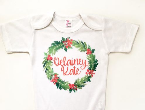 Personalized Christmas Holly Wreath Onesie Shirt