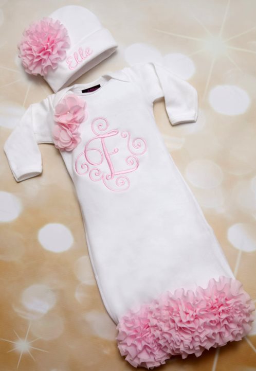 Pink and White Embroidered Newborn Flower Gown with Matching Hat Outfit Layette Set