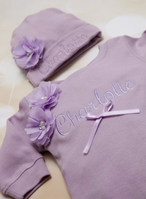 Lavender Baby Girl Romper Infant One Piece Set with Shabby Chiffon Flowers & Matching Hat