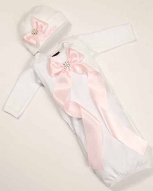 White Baby Girl Personalized Infant Gown with Pink Ribbon and Embroidered Matching Hat