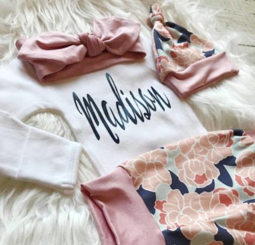 Personalized Navy & Blush Floral Newborn Outfit