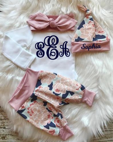Monogrammed Navy & Blush Floral Newborn Outfit