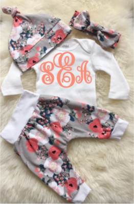 Coral & Gray Monogram Floral Spring Outfit
