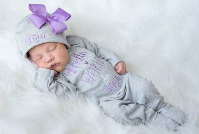 Hello World Gray and Lavender Personalized Romper and Hat Outfit Set