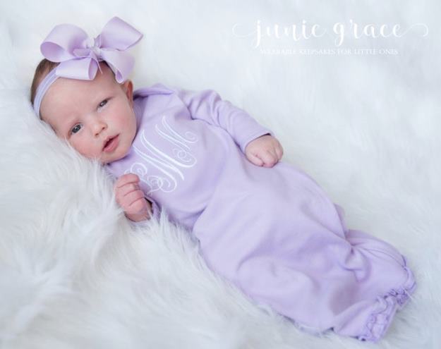 Personalized Lavender Newborn Gown and Matching Headband Outfit Set