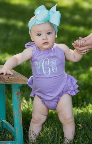 Monogrammed Lavender Ruffle Romper Outfit with Matching Headband