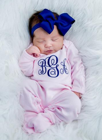 Pink & Navy Monogrammed Romper & Matching Headband Outfit Set