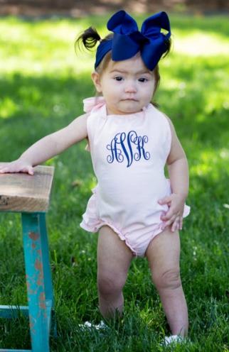Monogrammed Pink Ruffle Romper Outfit with Matching Headband