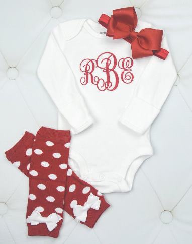 Red & White Personalized Baby Outfit with Polka Dot Leg Warmers & Matching Headband