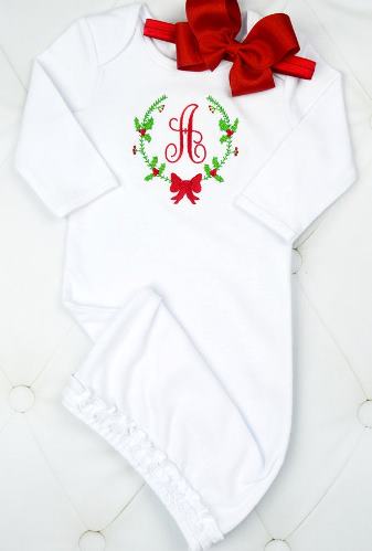 Personalized Newborn Christmas Wreath Gown with Matching Headband
