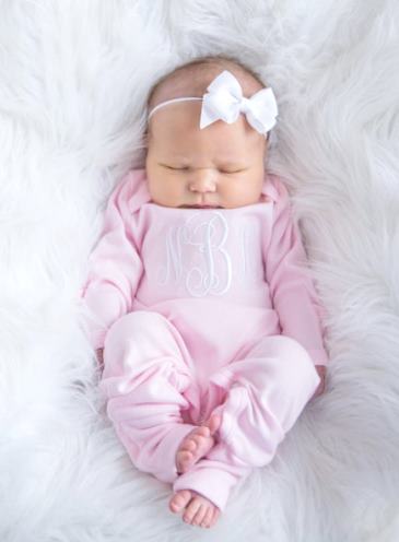 Newborn Baby Pink Personalized Monogrammed Romper & Matching Headband Outfit Set