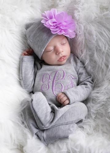 Gray & Lavender Monogrammed Romper with Matching Hat