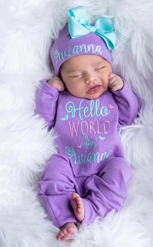Purple, Aqua & Pink Hello World Personalized Romper with Matching Hat