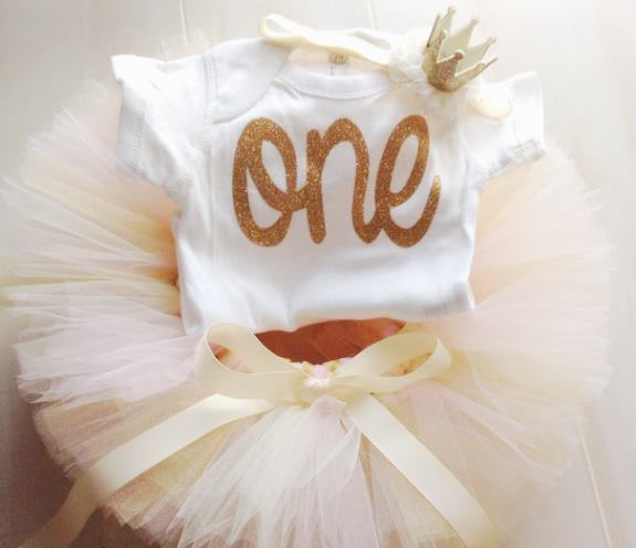 Ivory, Pink & Gold 1st Birthday Tutu Outfit with Matching Headband