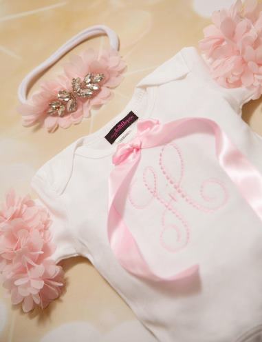 Personalized Stitched Pink and White Fluffy Chiffon Onesie and Matching Headband Outfit Set