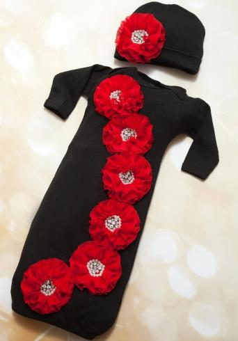 Holiday Black & Red Chiffon Gown with Matching Hat