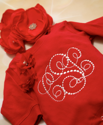 Personalized Red Monogram Romper with Matching Flower Headband