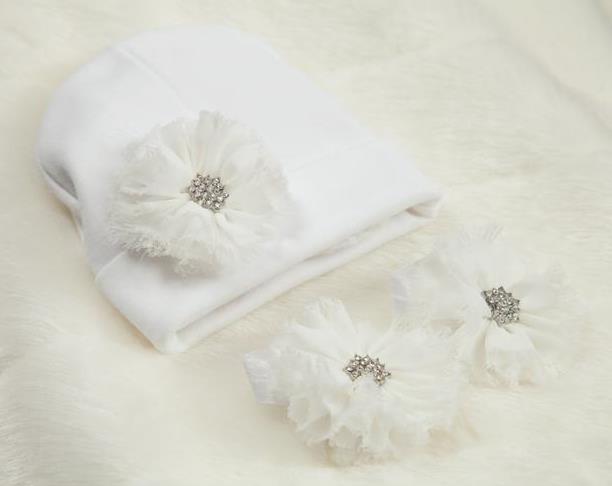 Choose Color - Newborn White Hat & Barefoot Flower Sandals Set