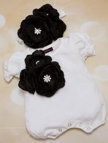 White Bubble Romper with Black Chiffon Flowers and Matching Headband