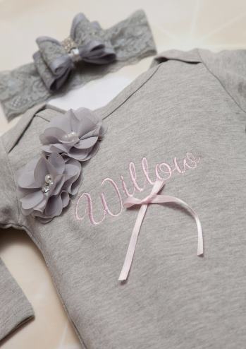 Gray Personalized Baby Girl Gown Set Embroidered Infant Gown Set with Matching Lace Headband