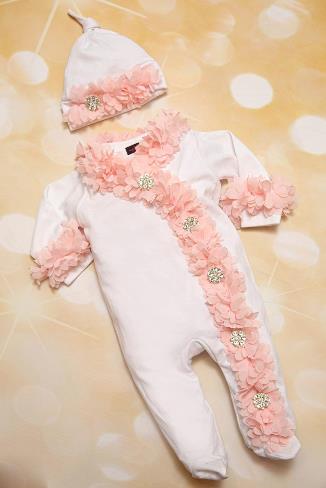 Footed Baby Girl White Infant Layette Chiffon Romper and Matching Hat Outfit Set