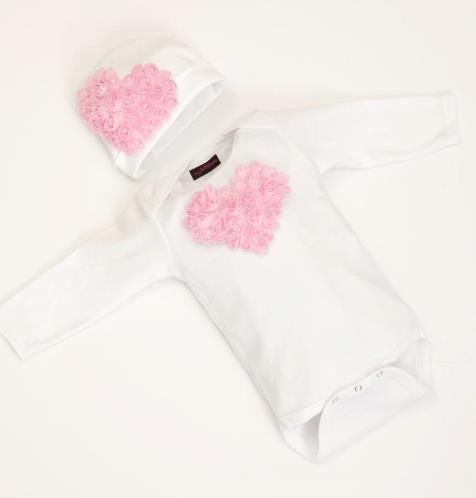 White & Pink Floral Heart Bodysuit with Matching Hat