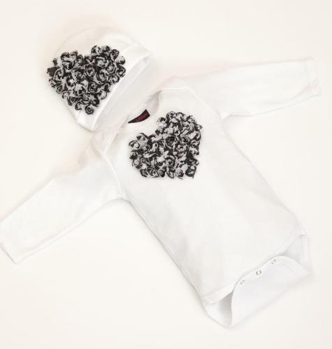 White & Black Floral Heart Bodysuit with Matching Hat