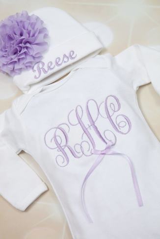 White & Lavender Personalized Monogrammed Newborn Gown & Matching Hat