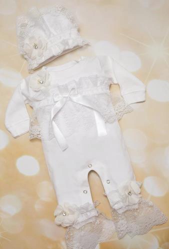 Dressy White Lace Romper with Matching Hat