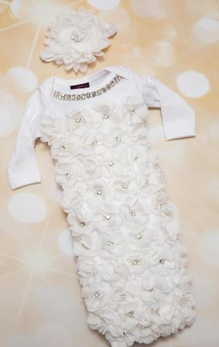 Newborn Baby Girl White Floral Petal Chiffon Rhinestone Take Home Hospital Gown