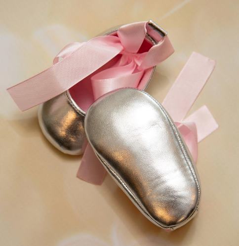 Baby Girl Silver Shoes with Pink Ribbon Ties