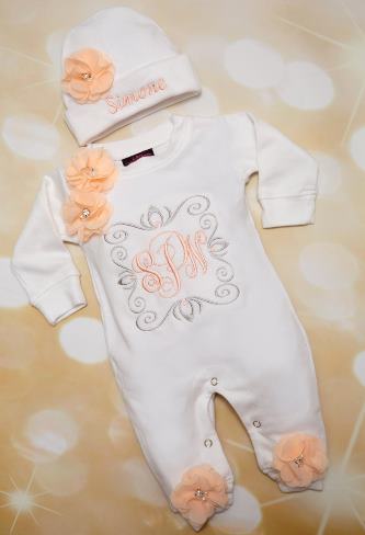 Personalized White & Peach Flower Romper with Matching Hat