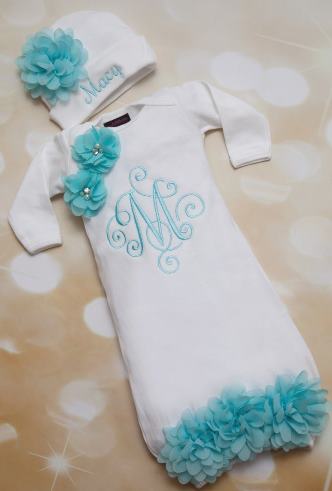 Personalized White & Turquoise Flower Gown with Matching Hat