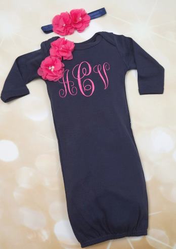 Navy & Hot Pink Monogrammed Flower Gown with Matching Headband