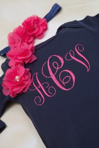 Navy & Hot Pink Monogrammed Flower Gown with Matching Headband