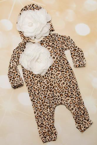 Leopard Print White Flower Romper with Matching Hat Outfit Set