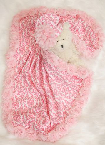Pink Damask Baby Blanket and Matching Flower Hat