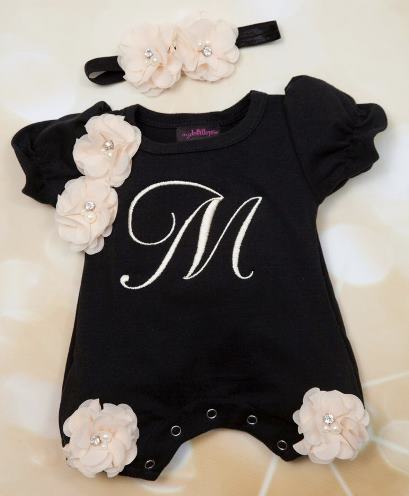 Black & Off White Personalized Bubble Romper with Matching Headband
