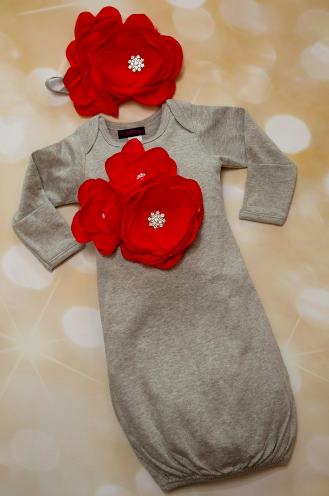 Gray & Red Newborn Gown with Matching Headband