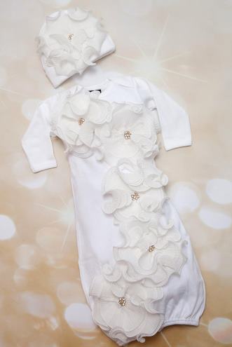 White Infant Layette Baby Gown with Large Off White Chiffon Flower