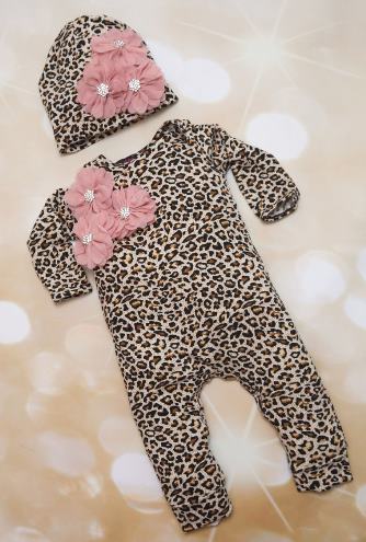 Leopard Print Mauve Flower Romper with Matching Hat Outfit Set