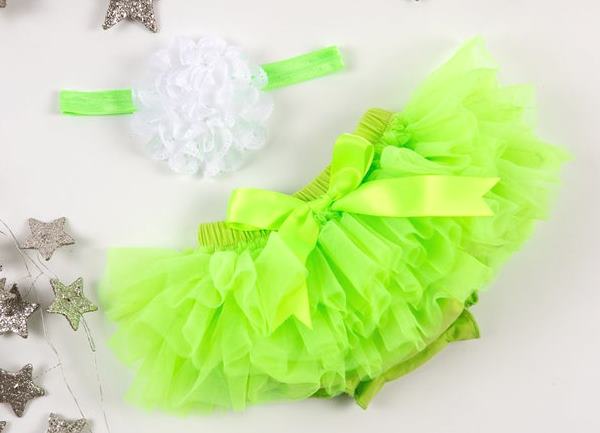 Lime Green Tutu Diaper Cover with White Matching Headband