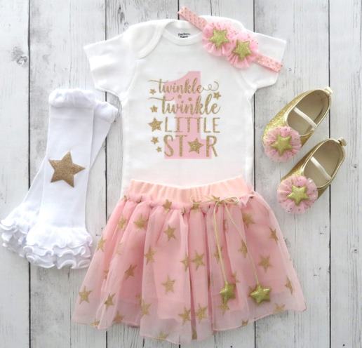 Pink and Gold First Birthday Outfit Girl, Twinkle Stars
