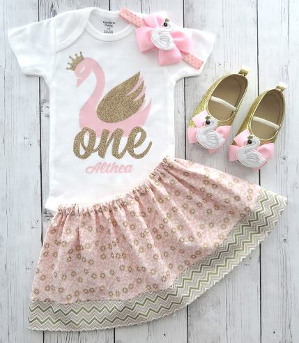 Personalized Swan Pink and Gold First Birthday Outfit