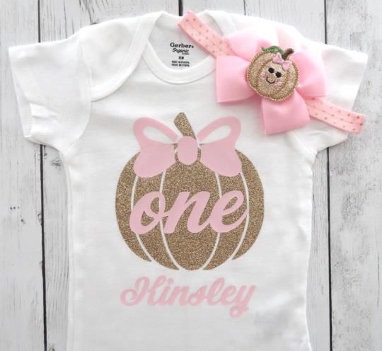 Personalized Pink and Gold Glitter Pumpkin 1st Birthday Bodysuit