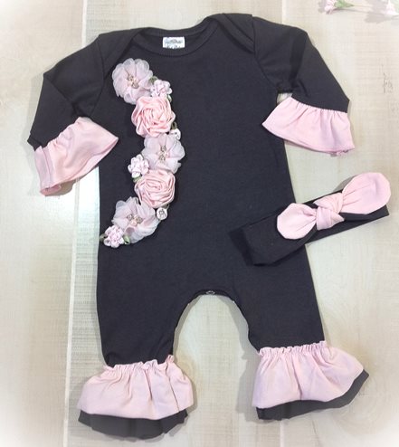 Black & Pink Newborn Ruffle Romper Outfit with Matching Headband